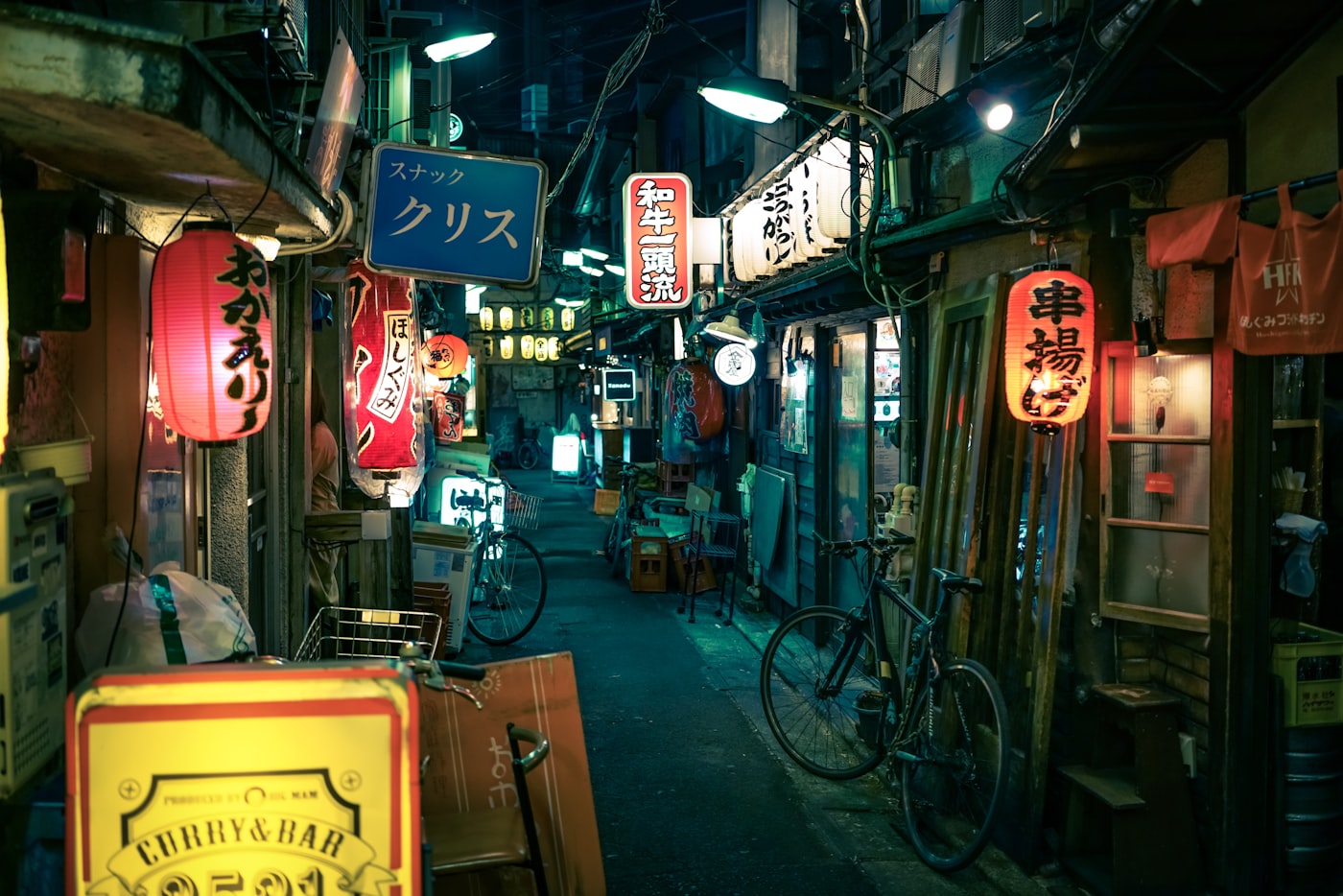 Lantern-lit street in Japan at night